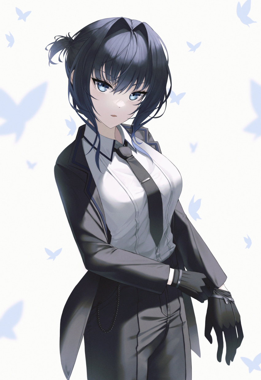 1girl absurdres adjusting_clothes adjusting_gloves bangs black_gloves black_hair black_jacket black_necktie black_pants blue_eyes butterfly_background collared_shirt cowboy_shot dress_shirt gloves hair_between_eyes hair_intakes highres hololive jacket long_hair long_sleeves looking_at_viewer necktie one_side_up open_clothes open_jacket ouro_kronii pants popcat shirt solo standing virtual_youtuber white_background white_shirt wing_collar