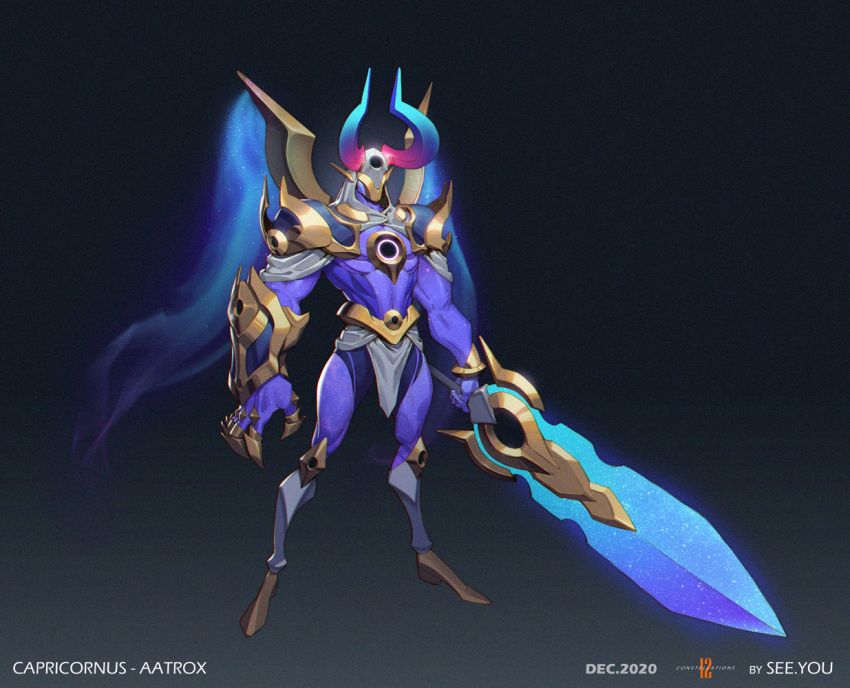 1boy aatrox alternate_costume armor artist_name black_background capricorn claws colored_skin full_body glowing glowing_eyes gradient gradient_background greatsword grey_background holding holding_sword holding_weapon horns league_of_legends male_focus purple_skin see_you shoulder_armor shoulder_plates solo standing sword weapon wings