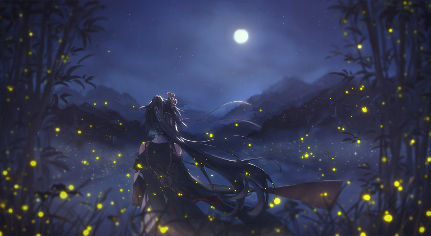 1girl absurdres back bamboo bamboo_forest bare_shoulders black_hair china_dress chinese_clothes dress fireflies forest fu_hua fu_hua_(azure_empyrea) full_moon hair_ornament highres honkai_(series) honkai_impact_3rd long_hair long_sleeves moon mountain mountainous_horizon nature night night_sky outdoors ponytail qqqne sky solo white_dress