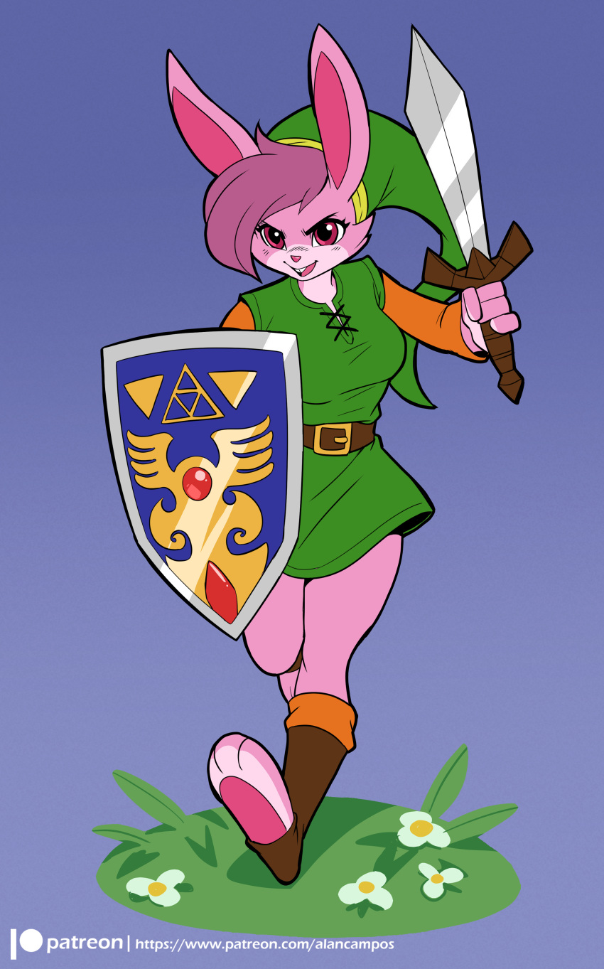 absurd_res alanscampos anthro belt breasts clothed clothing eyebrows eyelashes female footwear fur green_clothing hair hat headgear headwear hi_res holding_object holding_shield holding_sword holding_weapon hylian_shield lagomorph leporid link link_(rabbit_form) mammal melee_weapon nintendo open_mouth pink_body pink_fur pink_hair rabbit shield simple_background solo sword the_legend_of_zelda toeless_footwear toeless_legwear video_games weapon