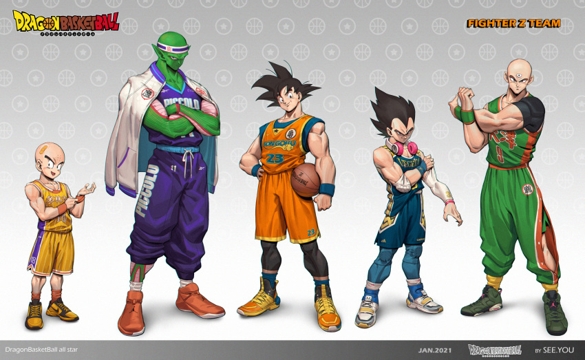 5boys :d alternate_costume artist_name bald bandaid bandaid_on_head bangs bare_shoulders basketball basketball_uniform black_hair black_shirt blue_shirt blue_shorts brown_footwear collarbone colored_skin copyright_name crossed_arms dated dragon_ball extra_eyes full_body gradient gradient_background green_pants green_shirt green_skin grey_background grey_jacket headphones headphones_around_neck height_difference highres jacket jacket_on_shoulders kuririn long_hair looking_at_viewer male_focus multiple_boys muscular muscular_male open_mouth orange_footwear orange_shirt orange_shorts orange_vest pants piccolo pointy_ears purple_pants purple_shirt see_you serious shirt shoes short_sleeves shorts smile son_goku spiked_hair sportswear standing tenshinhan vegeta vest white_footwear wristband