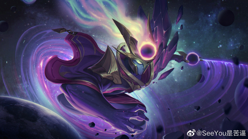 1boy alternate_costume armor artist_name capelet colored_skin dark_cosmic_(league_of_legends) english_commentary glowing glowing_eyes helmet highres league_of_legends male_focus no_mouth planet purple_skin see_you solo space space_print starry_sky_print yasuo_(league_of_legends)