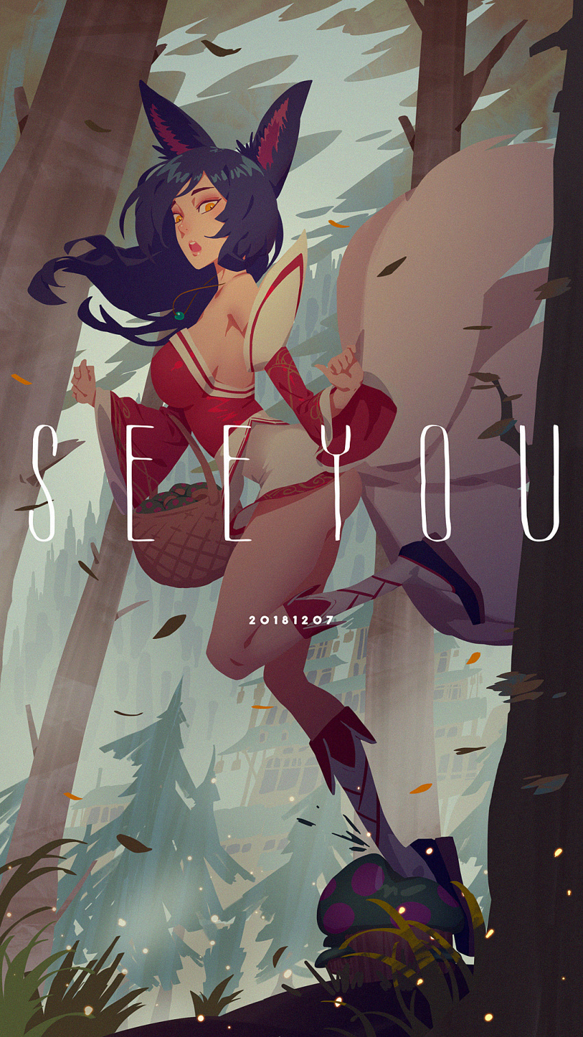 1girl :o ahri_(league_of_legends) animal_ears artist_name ass bangs bare_shoulders basket black_hair breasts building detached_sleeves facial_mark forest fox_ears fox_tail from_side highres japanese_clothes jewelry kimono kneehighs korean_clothes kumiho large_breasts league_of_legends long_hair multiple_tails mushroom nature necklace open_mouth red_sleeves see_you shiny shiny_hair short_kimono socks solo tail teeth tree upper_teeth whisker_markings yellow_eyes