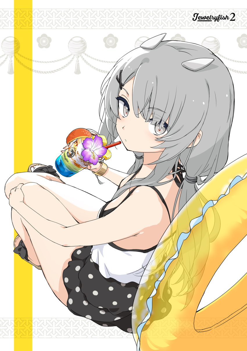 1girl aka_ringo black_swimsuit blush bracelet closed_mouth drink drinking_straw flower grey_eyes grey_hair hair_ornament headgear highres holding holding_drink i-201_(kancolle) innertube jewelry kantai_collection long_hair official_alternate_costume one-piece_swimsuit polka_dot polka_dot_swimsuit purple_flower solo swimsuit x_hair_ornament