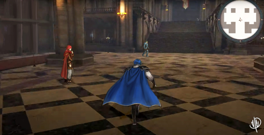 3boys arden_(fire_emblem) armor azelle_(fire_emblem) black_footwear blue_hair boots breastplate cape commentary english_commentary fire_emblem fire_emblem:_genealogy_of_the_holy_war fire_emblem:_three_houses from_behind green_hair grey_pants highres indoors jacket jaeon009 male_focus multiple_boys pants parody pauldrons red_cape red_hair red_jacket running short_hair shoulder_armor sigurd_(fire_emblem) standing walking white_jacket