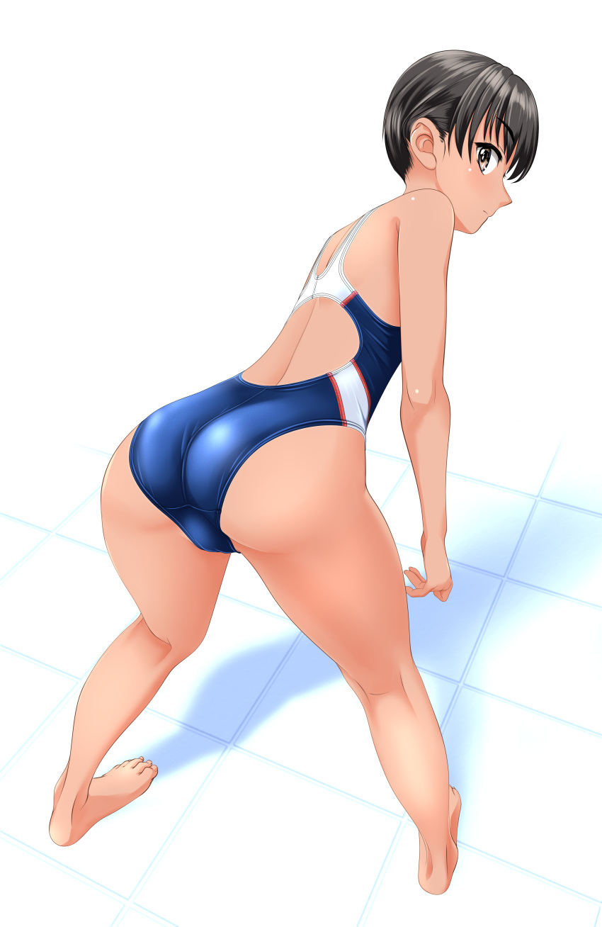 1girl absurdres all_fours ass barefoot black_hair blue_swimsuit brown_eyes commentary_request competition_swimsuit from_behind highres looking_at_viewer looking_back multicolored_clothes multicolored_swimsuit one-piece_swimsuit original short_hair solo swimsuit takafumi tan tile_floor tiles