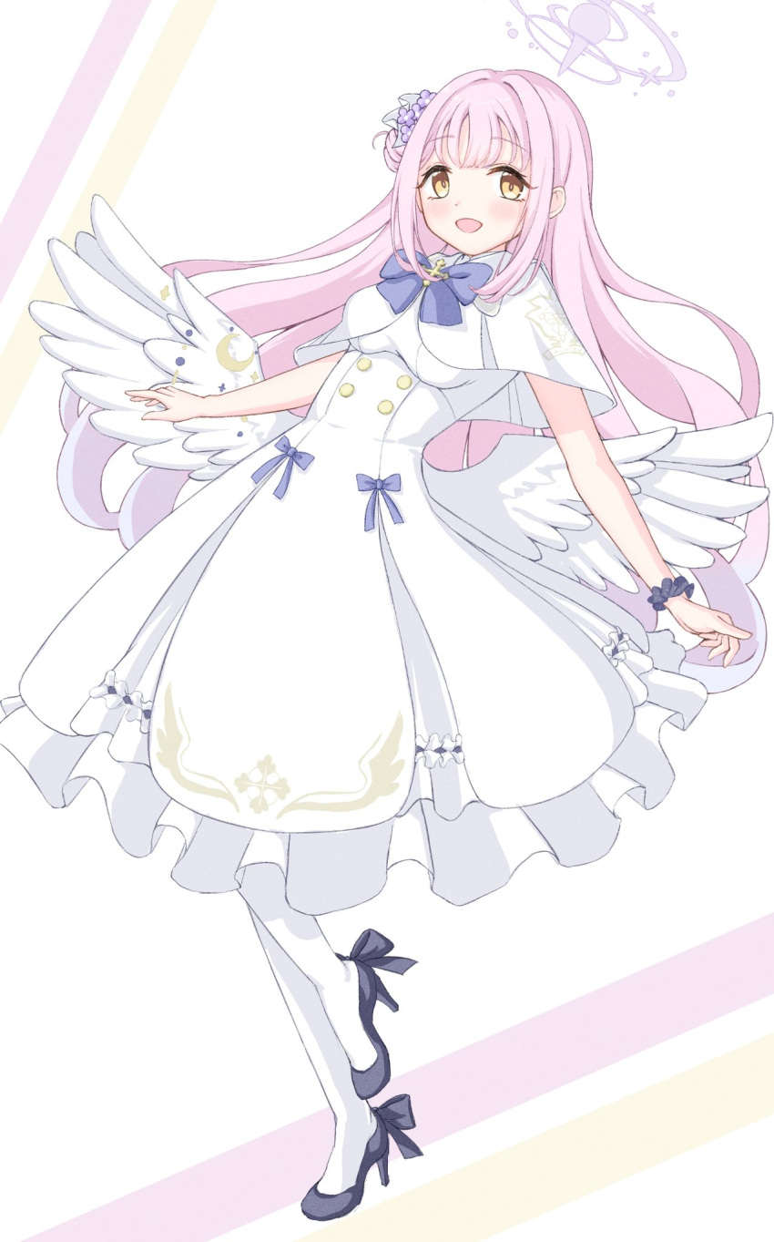 1girl :d angel_wings black_footwear blue_archive capelet commentary_request dress flower hair_bun hair_flower hair_ornament hair_scrunchie halo high_heels highres long_hair looking_at_viewer low_wings mika_(blue_archive) pantyhose pink_hair scrunchie single_hair_bun smile solo white_capelet white_dress white_pantyhose white_wings wings wrist_scrunchie yellow_eyes yuki_aria