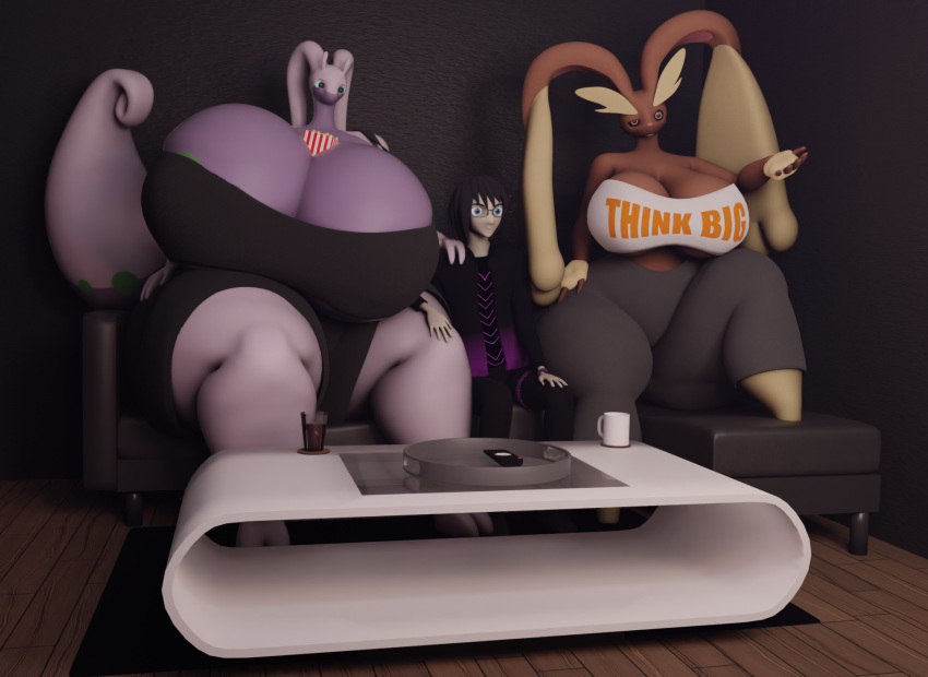 3d_(artwork) anthro between_breasts big_breasts big_butt black_clothing blender_(software) breasts brown_body butt clothing coffee_mug container darkdraketom digital_media_(artwork) female food furniture glass glass_container goodra group hand_on_leg hand_on_shoulder hand_on_thigh hi_res huge_breasts human larger_female living_room lopunny male mammal multicolored_body nintendo pok&eacute;mon pok&eacute;mon_(species) pok&eacute;mon_trainer popcorn purple_body size_difference smaller_male sofa text text_on_clothing thick_thighs trio two_tone_body video_games