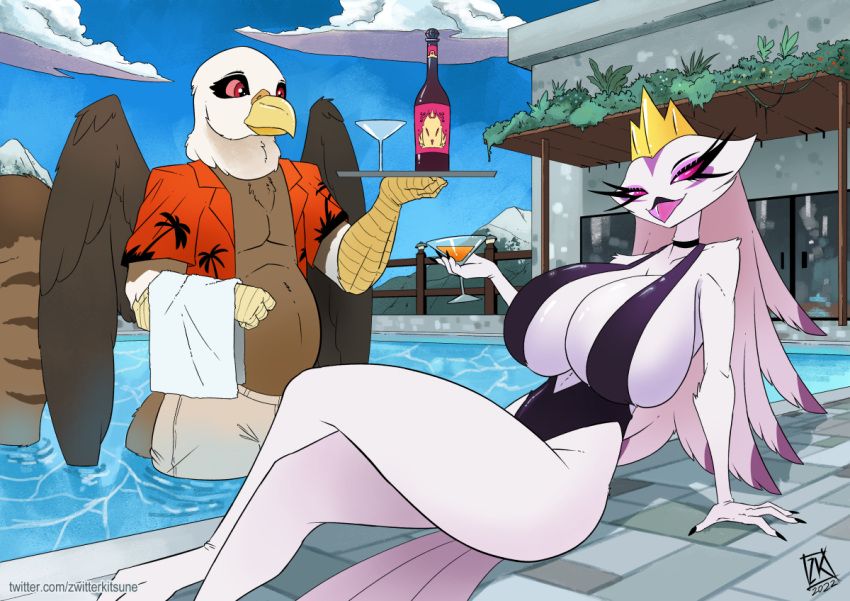 anthro avian beverage clothing crown female gryphon helluva_boss holding_beverage holding_object male mature_female mythological_avian mythology stella_(helluva_boss) swimming_pool swimwear zwitterkitsune