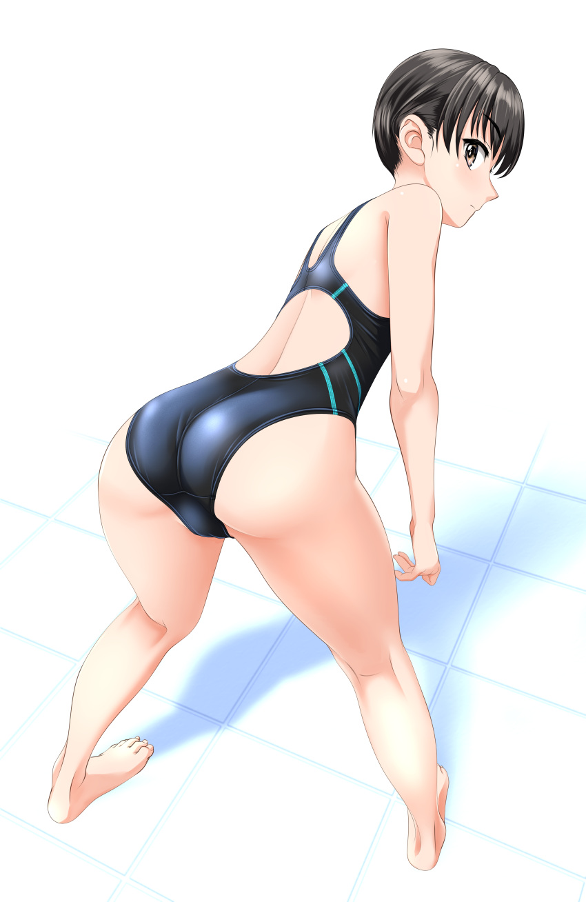 1girl absurdres all_fours ass barefoot black_hair black_swimsuit brown_eyes commentary_request competition_swimsuit from_behind highres looking_at_viewer looking_back multicolored_clothes multicolored_swimsuit one-piece_swimsuit original short_hair solo swimsuit takafumi tile_floor tiles