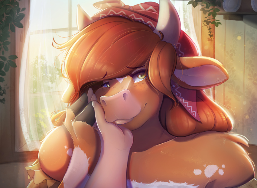 absurd_res amber_eyes anthro ardail bodily_fluids bovid bovine brown_hair cattle changeling_tale clothing first_person_view hair hand_on_face headgear headwear hi_res horn looking_at_viewer mammal marion_(changeling_tale) smile tears