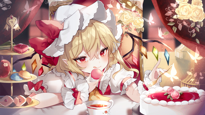 1girl :q arm_garter arm_strap ascot blonde_hair blush bow bug butterfly cake cake_slice chair commentary cup curtains dessert flandre_scarlet flower food fork frilled_shirt_collar frills glowing_butterfly hat hat_bow highres holding holding_food holding_fork icing indoors light_particles looking_at_food macaron matcha_(food) mob_cap one_side_up pastry puffy_short_sleeves puffy_sleeves red_bow red_eyes red_vest rose shirt short_hair short_sleeves sitting smile solo sorani_(kaeru0768) strawberry_cake table teacup tiered_tray tongue tongue_out touhou tsurime upper_body vest white_headwear white_shirt window wings wrist_bow wrist_cuffs yellow_ascot yellow_flower yellow_rose