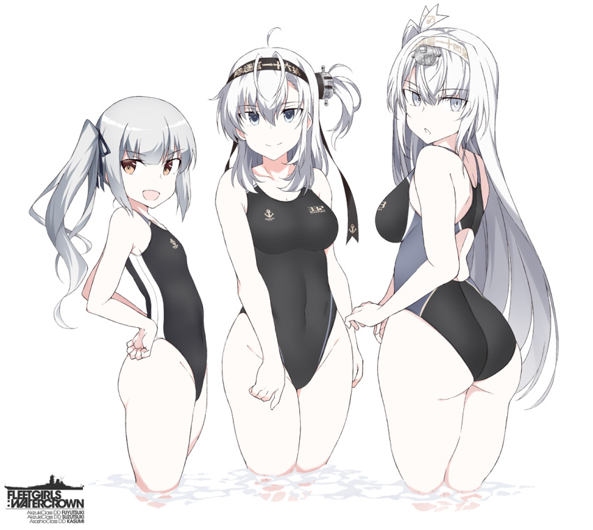 3girls anchor_symbol ass bare_arms bare_legs bare_shoulders black_headband black_swimsuit blue_eyes breasts brown_eyes closed_mouth clothes_writing commentary_request competition_swimsuit cowboy_shot fuyutsuki_(kancolle) grey_eyes grey_hair groin hachimaki hair_between_eyes headband kantai_collection kasumi_(kancolle) long_hair medium_breasts multiple_girls one-piece_swimsuit one_side_up open_mouth revision shigino_sohuzi side_ponytail simple_background smile suzutsuki_(kancolle) swimsuit white_background white_hair white_headband