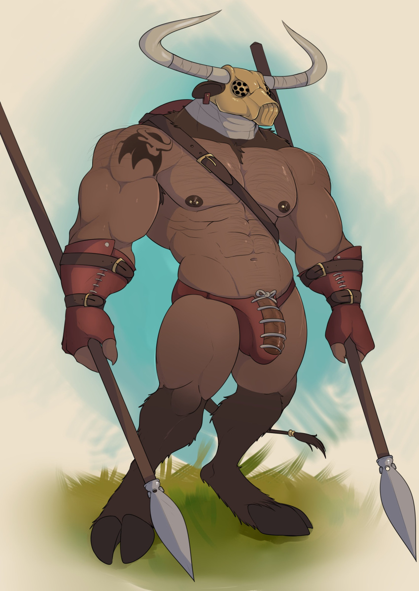 2022 abs absurd_res andrefil360 biceps bovid bovine cloven_hooves digitigrade european_mythology furgonomics genitals grass greek_mythology hi_res holding_object holding_weapon hooves horn male mammal mask melee_weapon minotaur muscular muscular_male mythology navel nipple_piercing nipples pecs penis piercing plant polearm solo spear standing tattoo weapon