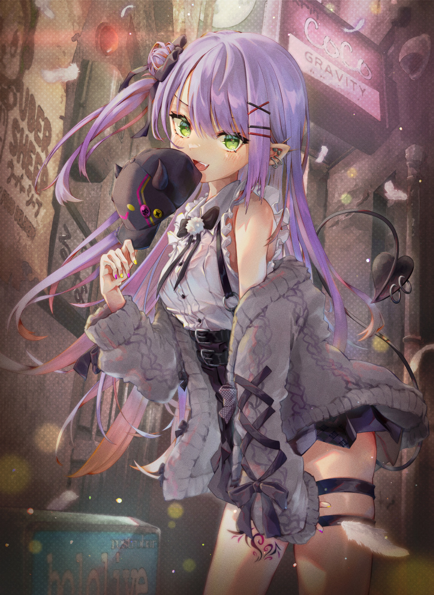 1girl :d absurdres annmitsu114 bangs baseball_cap bibi_(tokoyami_towa) black_headwear black_ribbon black_skirt blush building cardigan collared_shirt demon_tail ear_piercing green_eyes grey_cardigan hair_bun hair_ornament hair_ribbon hat high-waist_skirt highres holding holding_clothes holding_hat hololive leaning_forward leg_tattoo long_hair long_sleeves looking_at_viewer multicolored_nails nail_polish off_shoulder one_side_up open_cardigan open_clothes outdoors piercing purple_hair purple_nails ribbon shirt single_side_bun skirt sleeveless sleeveless_shirt smile solo standing suspender_skirt suspenders tail tail_ornament tail_piercing taric tattoo thigh_strap tokoyami_towa very_long_hair virtual_youtuber white_shirt x_hair_ornament yellow_nails