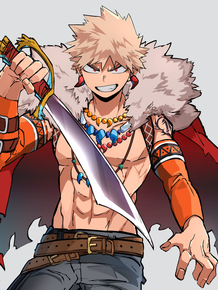1boy abs absurdres bakugou_katsuki belt blonde_hair boku_no_hero_academia cape commentary_request cowboy_shot cutlass_(sword) detached_sleeves earrings fur-trimmed_cape fur_trim grey_background grin highres holding holding_sword holding_weapon jewelry kai2_ly looking_at_viewer male_focus multiple_necklaces necklace official_alternate_costume orange_sleeves pants pectorals red_cape red_eyes short_hair shoulder_tattoo simple_background smile solo spiked_hair standing sword tattoo toned toned_male topless_male weapon