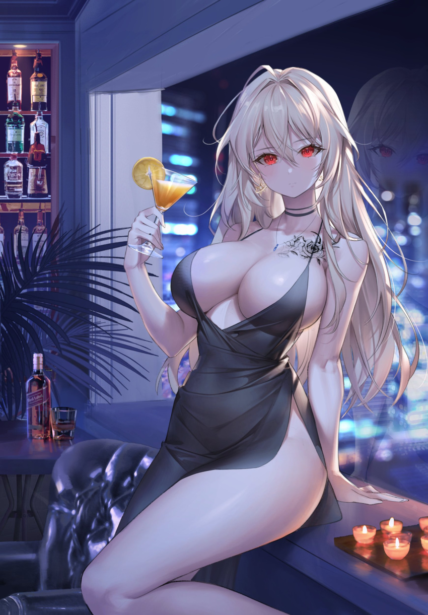 1girl absurdres bare_arms bare_shoulders black_dress blonde_hair bottle breasts candle chest_tattoo cleavage closed_mouth cocktail_dress cocktail_glass collarbone commission cream_(cream) cup dress drinking_glass expressionless highres holding indoors jewelry large_breasts long_hair looking_at_viewer necklace no_bra no_panties original red_eyes side_slit sitting sleeveless sleeveless_dress solo tattoo thighs whois