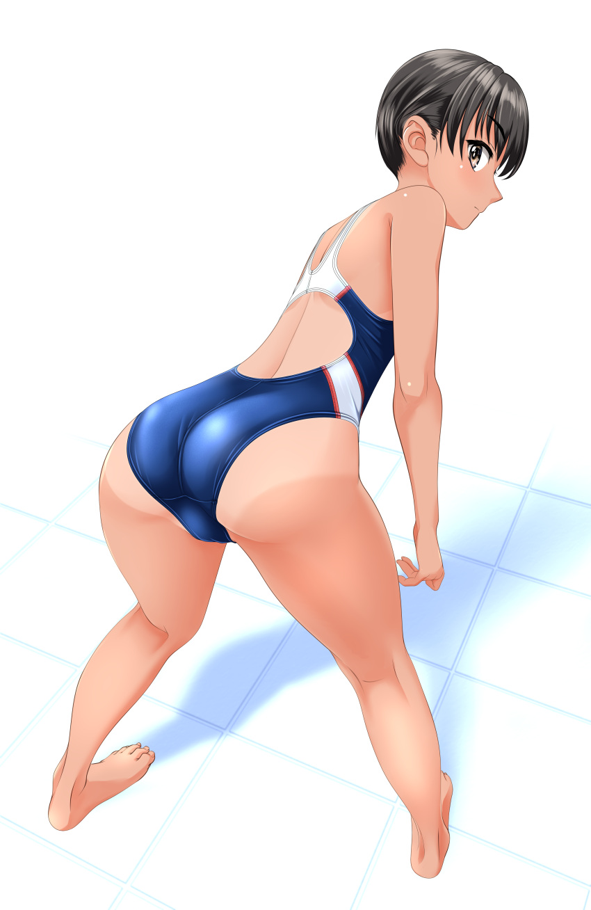 1girl absurdres all_fours ass barefoot black_hair blue_swimsuit brown_eyes commentary_request competition_swimsuit from_behind highres looking_at_viewer looking_back multicolored_clothes multicolored_swimsuit one-piece_swimsuit one-piece_tan original short_hair solo swimsuit takafumi tan tanlines tile_floor tiles