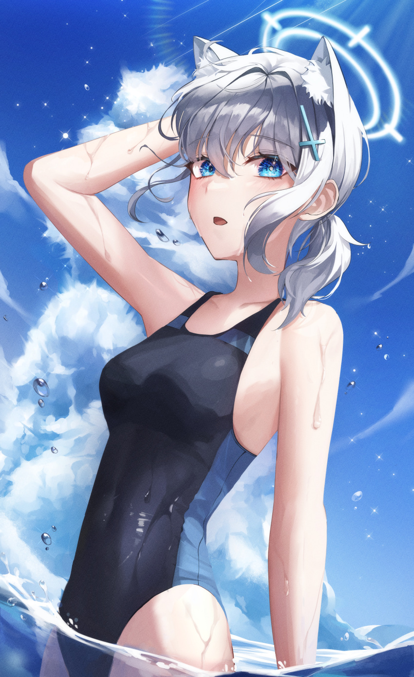 1girl absurdres animal_ear_fluff animal_ears bangs black_swimsuit blue_archive blue_eyes blue_sky breasts cloud commentary competition_swimsuit covered_navel cross_hair_ornament extra_ears grey_hair hair_ornament halo highres low_ponytail medium_breasts medium_hair mismatched_pupils multicolored_clothes multicolored_swimsuit one-piece_swimsuit partially_underwater_shot shiroko_(blue_archive) shiroko_(swimsuit)_(blue_archive) sky solo swimsuit water youwon0417