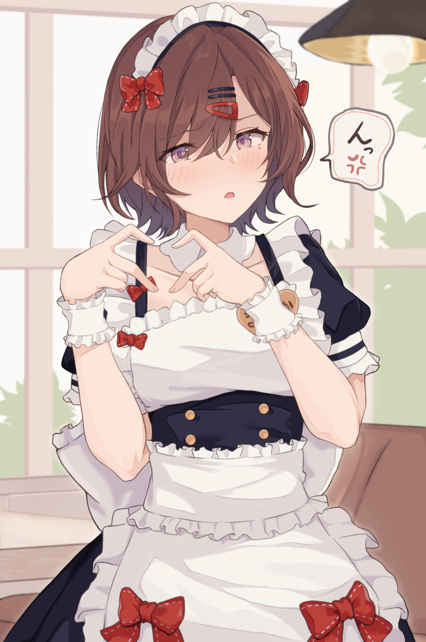 1girl :o alternate_costume anger_vein apron blush brown_hair collarbone detached_collar enmaided heart heart_hands highres higuchi_madoka idolmaster idolmaster_shiny_colors indoors looking_at_viewer maid maid_headdress mole mole_under_eye name_tag puffy_short_sleeves puffy_sleeves red_eyes restaurant short_sleeves solo spoken_anger_vein white_apron window wrist_cuffs yui081