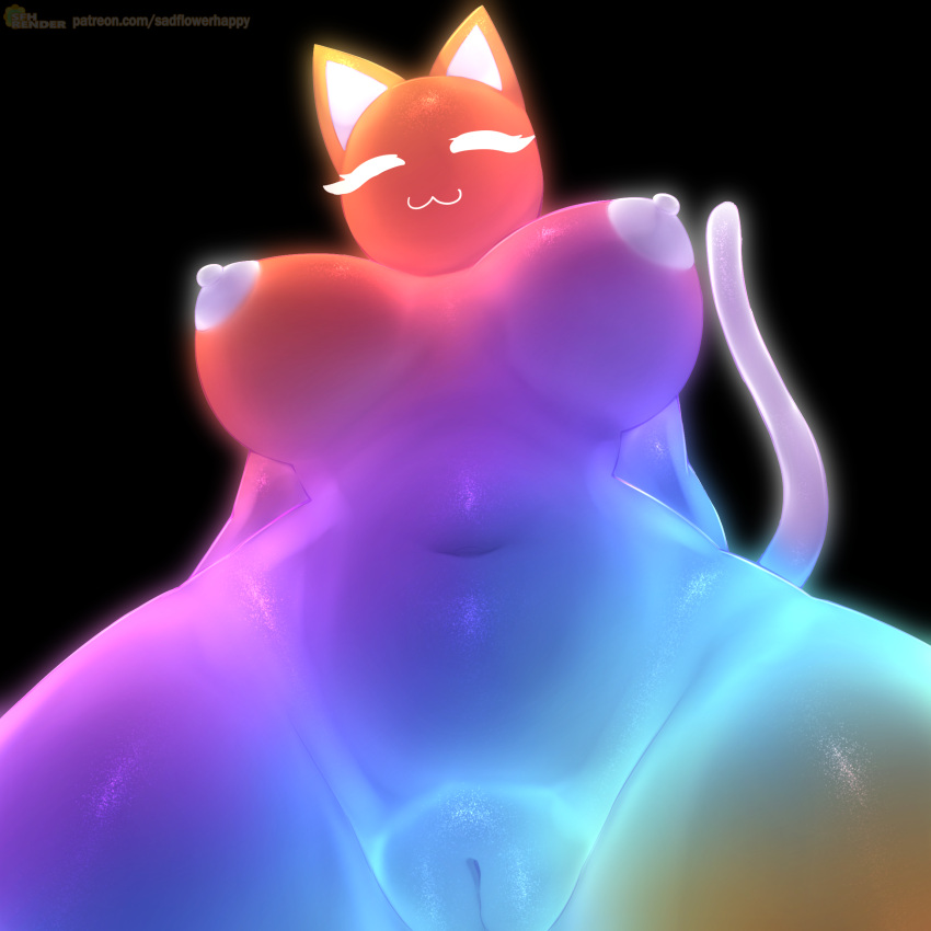 anthro big_breasts breasts domestic_cat dyingnage eyes_closed felid feline felis female front_pussy genitals hi_res looking_at_viewer looking_down low-angle_view mammal multicolored_body navel nude pussy rainbow_(sadflowerhappy) sadflowerhappy solo thick_thighs