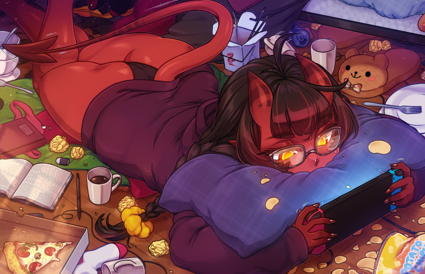 1girl ahoge ass black_hair black_panties book braid chips colored_skin cup demon_girl demon_horns demon_tail food fork glasses hair_ornament hair_scrunchie handheld_game_console highres holding holding_handheld_game_console hood hood_down hoodie horns indoors long_hair long_sleeves lying meruccubus_(merunyaa) merunyaa nintendo_switch on_stomach open_book original panties pen pillow pizza pizza_slice plate potato_chips red_skin scrunchie solo tail underwear used_tissue yellow_eyes