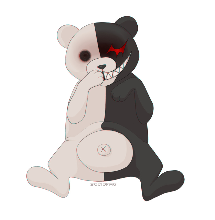 2020 ambiguous_gender animate_inanimate anthro artist_name black_body black_eyes black_nose danganronpa digital_media_(artwork) featureless_crotch front_view genetic_chimerism grin hi_res living_plushie looking_at_viewer male_(lore) mammal monokuma multicolored_body navel nude plushie red_eyes round_ears sharp_teeth simple_background smile sociofag solo split_color teeth two_tone_body ursid ursine white_background white_body