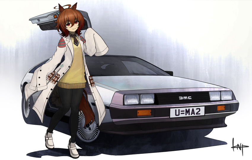 1girl absurdres agnes_tachyon_(umamusume) ahoge animal_ears ankle_boots artist_name bangs black_necktie black_pantyhose boots breasts brown_hair car closed_mouth coat collared_shirt commentary crossover delorean dress ground_vehicle head_tilt heel_up highres horse_ears horse_girl horse_tail kano_(nakanotakahiro1029) labcoat looking_at_viewer medium_hair motor_vehicle necktie pantyhose red_eyes shadow shirt short_dress short_necktie signature sleeves_past_fingers sleeves_past_wrists small_breasts smile solo standing sweater sweater_dress tail umamusume vest vial white_coat white_footwear yellow_dress yellow_vest