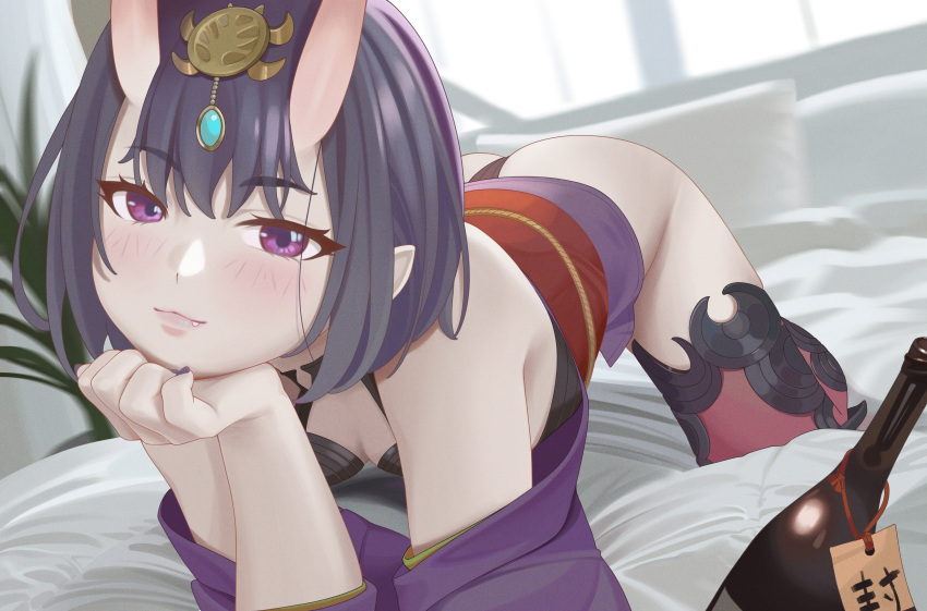 1girl absurdres alcohol bangs bare_shoulders bob_cut breasts collarbone eyeliner fang fate/grand_order fate_(series) headpiece highres horns japanese_clothes kimono long_sleeves looking_at_viewer makeup obi oni oni_horns purple_eyes purple_hair purple_kimono quatthro revealing_clothes sake sash short_hair shuten_douji_(fate) skin-covered_horns small_breasts smile wide_sleeves