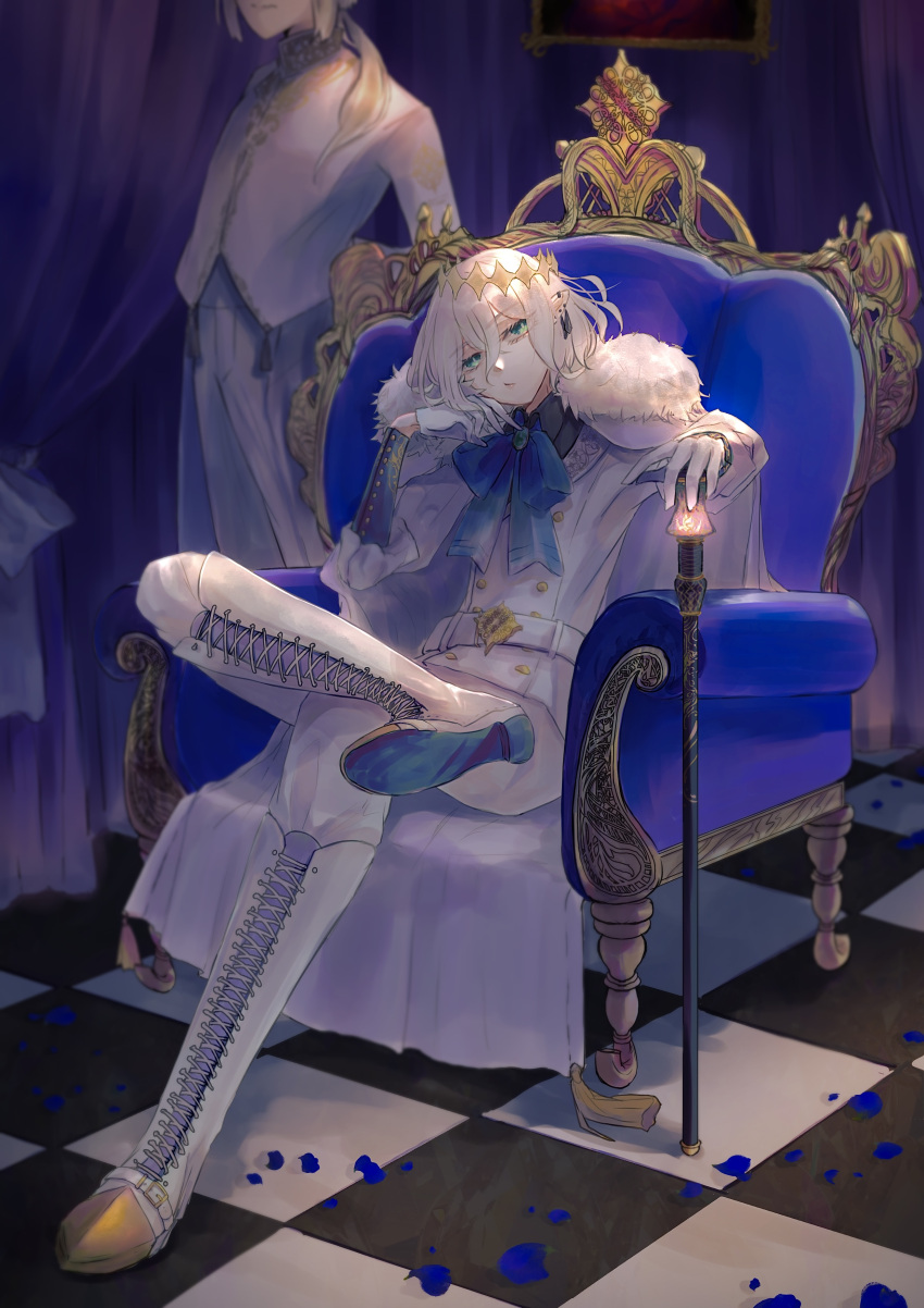 2boys absurdres androgynous blonde_hair blue_eyes boots cane cape crossed_legs crown fur_trim head_rest highres knee_boots long_sleeves looking_at_viewer male_focus multiple_boys original ribbon royal sachikawa sitting solo throne