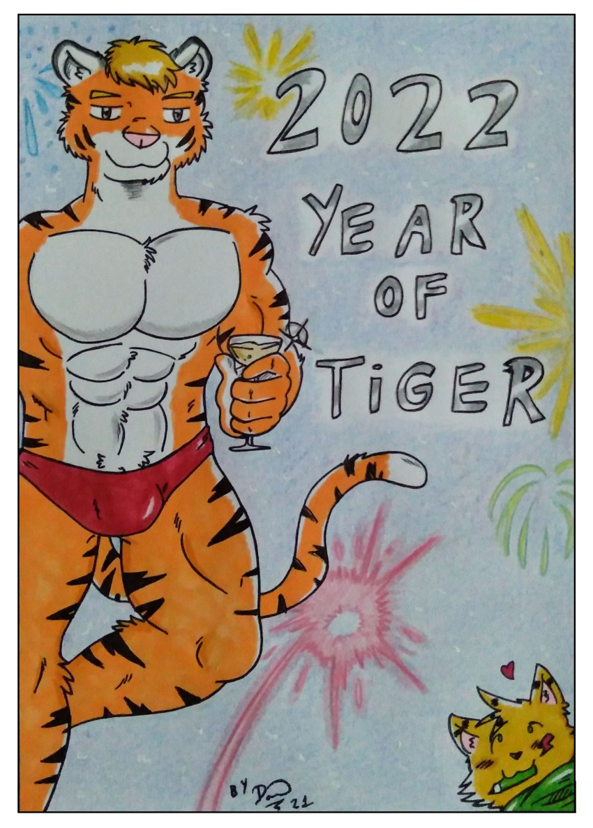 2022 absurd_res alcohol anthro barazoku beverage bulge champagne clothing dashthefox felid fireworks hi_res male mammal markers muscular pantherine pecs ralf red_clothing red_underwear solo striped_body stripes tiger traditional_media_(artwork) underwear