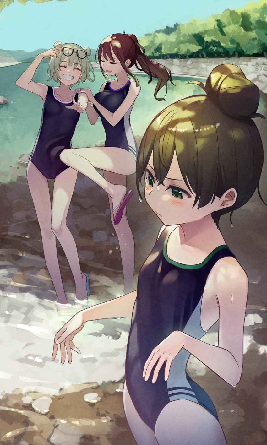 3girls black_swimsuit blue_sky breasts brown_hair closed_eyes cloud commentary_request commission dappled_sunlight day double_bun eyewear_on_head facing_viewer green_eyes grey_hair hair_bun highres kuz long_hair multiple_girls new_school_swimsuit original outdoors ponytail sandals school_swimsuit short_hair skeb_commission sky small_breasts standing sunglasses sunlight swimsuit wet wet_clothes wet_swimsuit