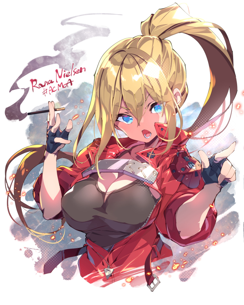 1girl :o armored_core armored_core:_master_of_arena blonde_hair blue_eyes breasts character_name commentary_request crop_top fingerless_gloves fujishima-sei_ichi-gou gloves hair_between_eyes hashtag highres lana_nielsen large_breasts long_hair looking_at_viewer pointing ponytail smoke_trail solo v-shaped_eyebrows white_background