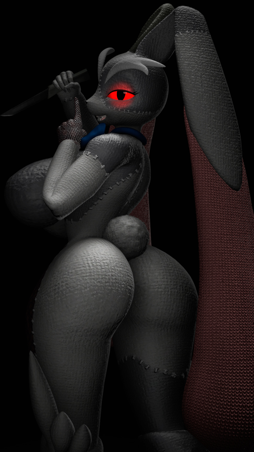 2022 3d_(artwork) 9:16 anthro big_breasts black_nose blue_ribbon breasts butt crossover digital_media_(artwork) dnrud12 female five_nights_at_freddy's five_nights_at_freddy's:_security_breach gesture glowing glowing_eyes grey_body grey_skin half-closed_eyes hi_res holding_knife holding_object holding_weapon knife looking_at_viewer looking_back looking_back_at_viewer lopunny narrowed_eyes nintendo nude open_mouth pok&eacute;mon pok&eacute;mon_(species) pok&eacute;morph pose red_eyes scottgames shush solo source_filmmaker standing stitch_(sewing) vanny_(fnaf) video_games weapon white_body white_skin