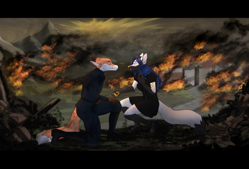 absurd_res agatha_vulpes anthro bodily_fluids byzantine canid canine crying duo female fire fox hi_res love male male/female mammal mitsuhide_vulpes myron_morgulus nuclear_war romantic romantic_ambiance romantic_couple ruins smile tears wedding