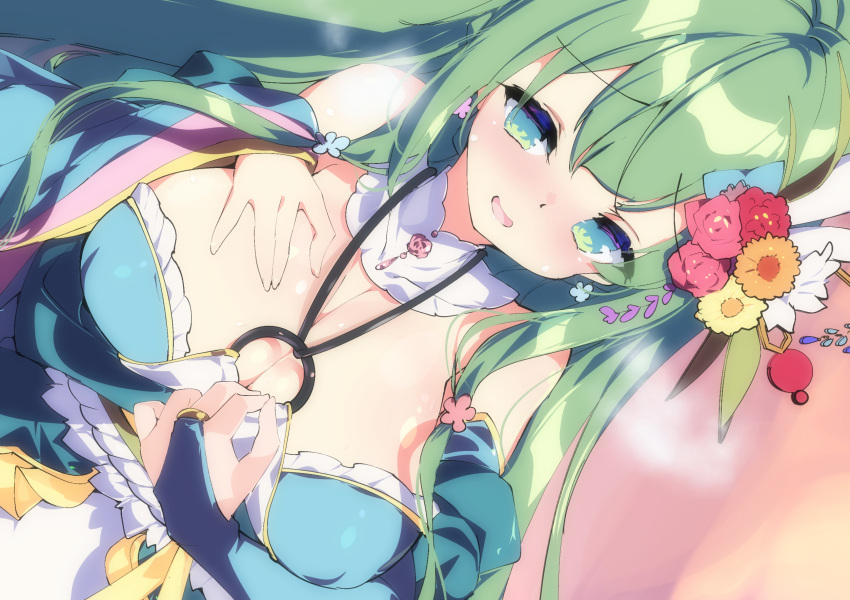 1girl blush breasts breath bridal_gauntlets character_request commentary_request covered_nipples dutch_angle fujishima-sei_ichi-gou gloves green_eyes green_gloves green_hair hand_on_own_chest highres indie_virtual_youtuber large_breasts long_hair looking_at_viewer o-ring o-ring_top open_mouth single_bridal_gauntlet solo upper_body virtual_youtuber