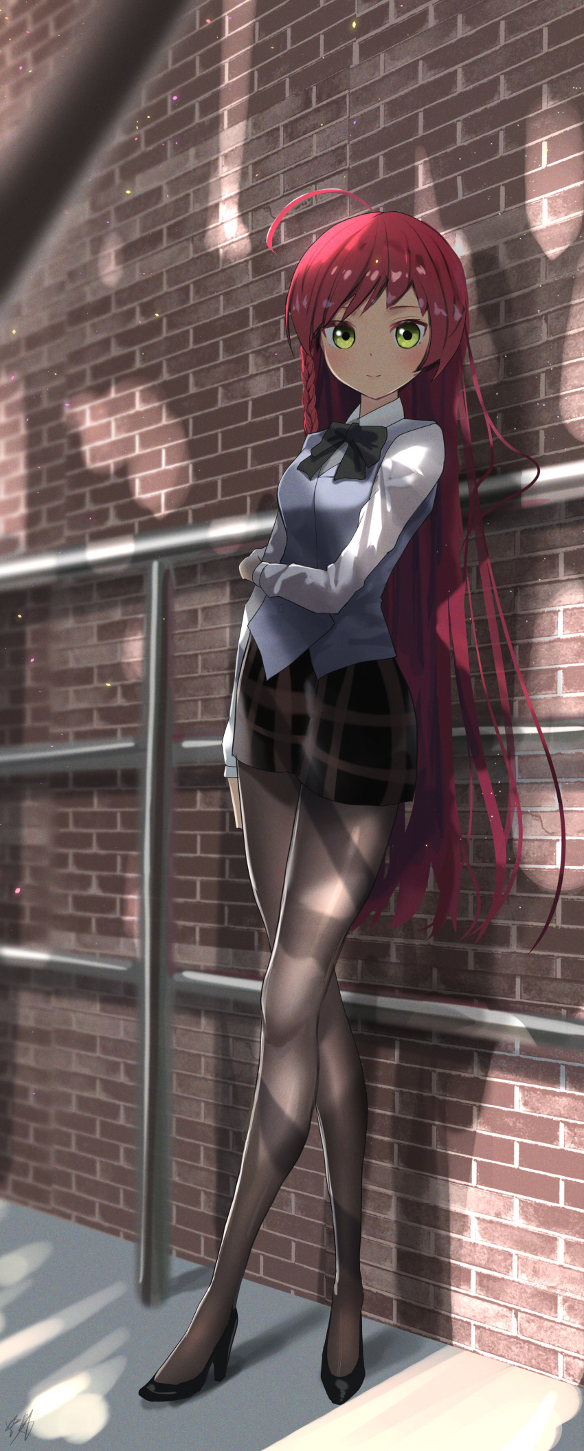 1girl absurdres ahoge black_footwear blue_bow blue_bowtie blue_vest bow bowtie brick_wall brown_skirt closed_mouth collared_shirt full_body green_eyes grey_pantyhose hataraku_maou-sama! hidulume high_heels highres long_hair long_sleeves looking_at_viewer miniskirt pantyhose pumps red_hair shiny shiny_clothes shiny_hair shiny_legwear shirt skirt smile solo standing straight_hair very_long_hair vest white_shirt wing_collar yusa_emi