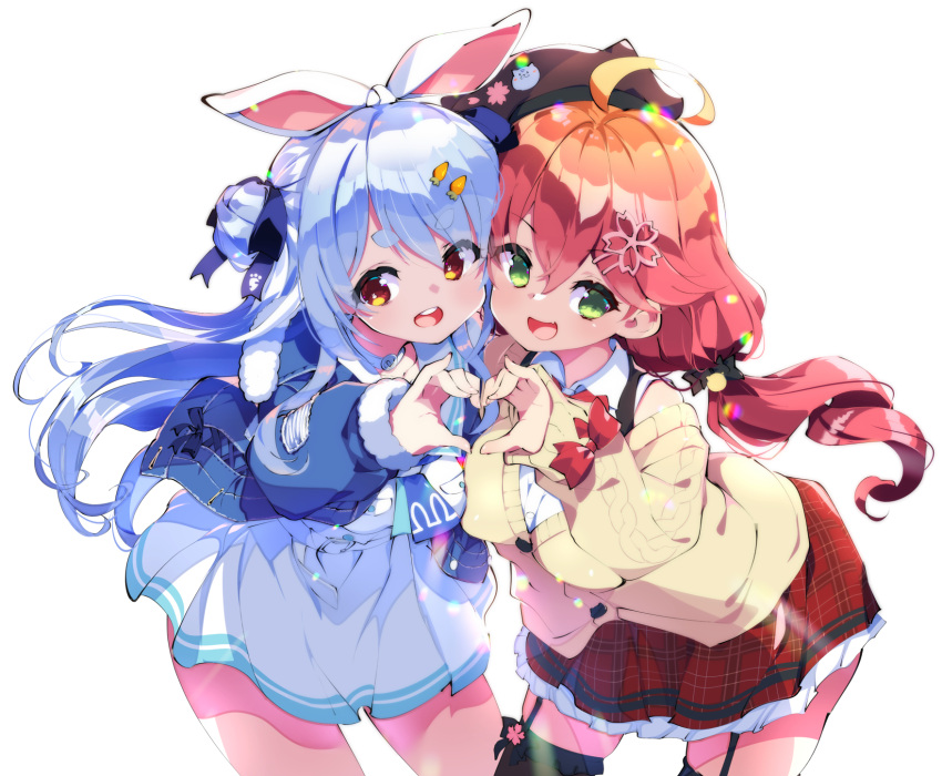 2girls :d ahoge animal_ears beret black_thighhighs blue_hair brown_eyes cardigan carrot_hair_ornament commentary_request cowboy_shot fang food-themed_hair_ornament fujishima-sei_ichi-gou fur-trimmed_jacket fur_trim garter_straps green_eyes hair_ornament hat heart heart_hands heart_hands_duo highres hololive jacket leaning_forward long_hair long_sleeves looking_at_viewer low_twintails multiple_girls pink_hair rabbit_ears rabbit_girl sakura_miko shiny shiny_hair simple_background skin_fang smile teeth thighhighs tied_ears twintails usada_pekora virtual_youtuber white_background
