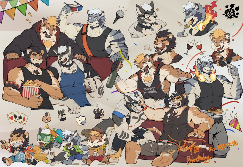 3d_glasses 4boys :q alca_(wakatanka4) animal_ears arm_tattoo bara beard beenic biceps birthday black_hair black_jacket black_tank_top blue_tank_top bottle chest_hair chest_tattoo chibi collage confetti couch covered_abs cropped_shoulders dog_boy eating facial_hair fiery_headphones food food_on_face furrification furry furry_with_furry goggles grey_shorts group_picture gyee headpat highres holding holding_bottle jacket large_pectorals lion_boy lion_ears lion_tail male_focus mature_male movie_theater multicolored_hair multiple_boys muscular muscular_male official_alternate_costume on_couch orange_hair original pectorals pointing poker popcorn romg running second-party_source short_hair shorts sidepec sleeveless smile streaked_hair tail tank_top tattoo thick_eyebrows tiger_ears tongue tongue_out toseii zixiong_zix_(character)