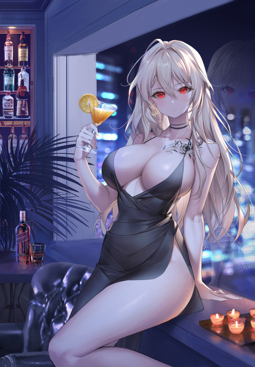 1girl absurdres bare_arms bare_shoulders black_choker black_dress blonde_hair bottle breasts candle chest_tattoo choker cleavage closed_mouth cocktail_dress cocktail_glass collarbone commission cream_(cream) cup derivative_work dress drinking_glass expressionless highres holding indoors jewelry large_breasts long_hair looking_at_viewer necklace no_bra no_panties original red_eyes second-party_source side_slit sitting sleeveless sleeveless_dress solo tattoo thighs whois