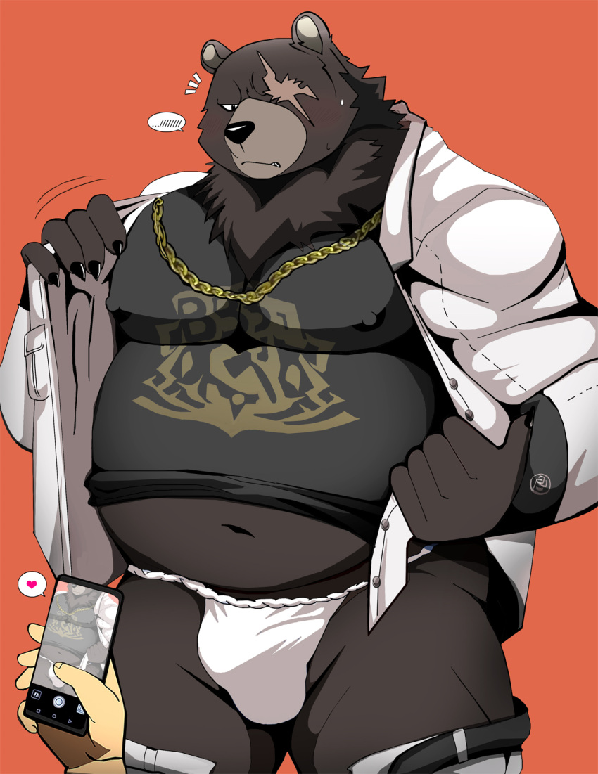 anthro bearlovestiger13 belly ben_(zenless_zone_zero) brown_bear chain_collar clothed clothing collar grizzly_bear hi_res male mammal nipples partially_clothed phone phone_screen scar shirt solo topwear underwear ursid ursine