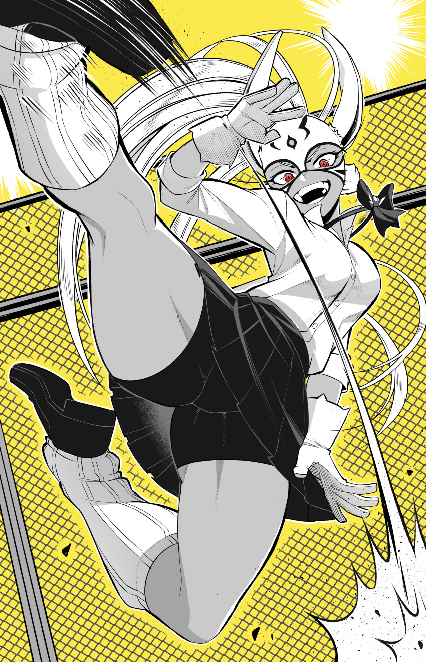 1girl :d absurdres black_footwear black_shorts boku_no_hero_academia bow bowtie breasts chain-link_fence dark-skinned_female dark_skin fence flying_kick gloves greyscale_with_colored_background highres kicking koyap long_eyelashes long_hair looking_at_viewer loose_socks luchador_mask medium_breasts midair mirko open_mouth pleated_skirt ponytail rabbit_girl red_eyes shirt shorts shorts_under_skirt skirt smile solo teenage teeth thick_thighs thighs toned very_long_hair white_gloves white_hair white_shirt yellow_background