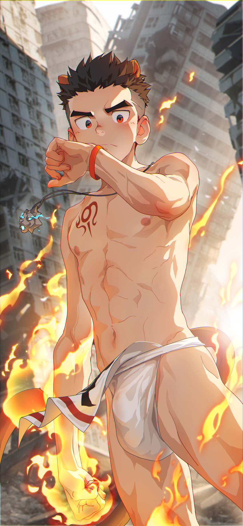 1boy abs absurdres alca_(wakatanka4) animal_ears battle beitemian black_hair blue_sky building chest_tattoo city cityscape closed_mouth destruction dutch_angle fire fundoshi gyee highres japanese_clothes jewelry lion_boy lion_ears lion_tail looking_at_hand male_focus muscular muscular_child navel necklace nipples outdoors red_eyes rubble short_hair shorts sky skyscraper solo tail tattoo undercut younger