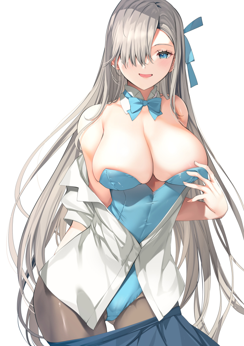1girl animal_ears asuna_(blue_archive) asuna_(bunny)_(blue_archive) bare_shoulders blue_archive blue_eyes blue_leotard bow bowtie breasts clothes_pull cowboy_shot detached_collar fake_animal_ears hair_over_one_eye highres large_breasts leotard long_hair looking_at_viewer mole mole_on_breast official_alternate_costume pantyhose playboy_bunny rabbit_ears shirt simple_background skirt skirt_pull smile solo tamiya_akito white_background white_shirt