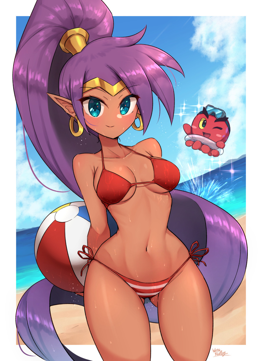 1girl arms_behind_back artist_name ass_visible_through_thighs ball bangs bare_shoulders beach beachball bikini blue_eyes blue_sky breasts cloud cloudy_sky collarbone commentary_request dark-skinned_female dark_skin day earrings hair_ornament high_ponytail highres jewelry long_hair looking_at_viewer medium_breasts ocean outdoors pointy_ears ponytail purple_hair shantae shantae_(series) shiny shiny_hair shiny_skin side-tie_bikini signature simple_background sky smile striped striped_bikini swimsuit thighs tiara wakaba_(wata_ridley) water water_drop wet