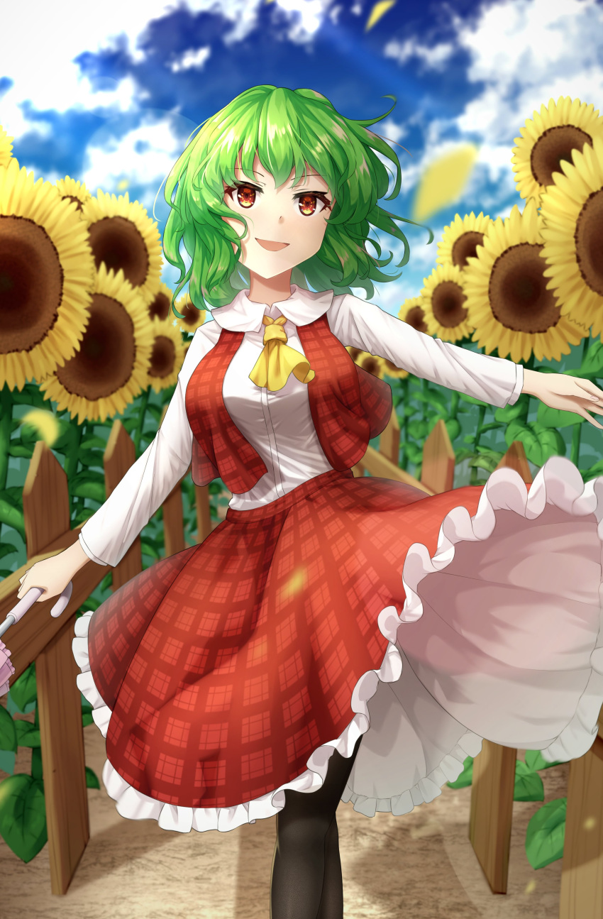 1girl absurdres ascot bangs blue_sky commentary_request curly_hair fence flower frilled_skirt frills garden_of_the_sun green_hair highres holding holding_flower holding_umbrella kazami_yuuka long_sleeves looking_at_viewer medium_hair open_mouth parasol plaid plaid_skirt plaid_vest red_eyes red_skirt red_vest shirt short_hair skirt sky solo standing sunflower touhou umbrella vest white_shirt yosshy