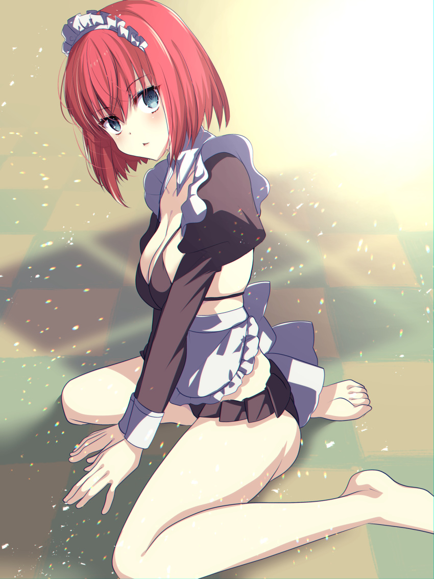 1girl apron ass bangs barefoot black_bra black_skirt blue_eyes bra breasts checkered_floor cleavage from_side full_body highres hisui_(tsukihime) juliet_sleeves light_particles long_sleeves looking_at_viewer maid_headdress medium_breasts open_mouth pink_hair puffy_sleeves short_hair sitting skirt solo tajima_yoshikazu tsukihime tsukihime_(remake) underwear waist_apron wariza white_apron