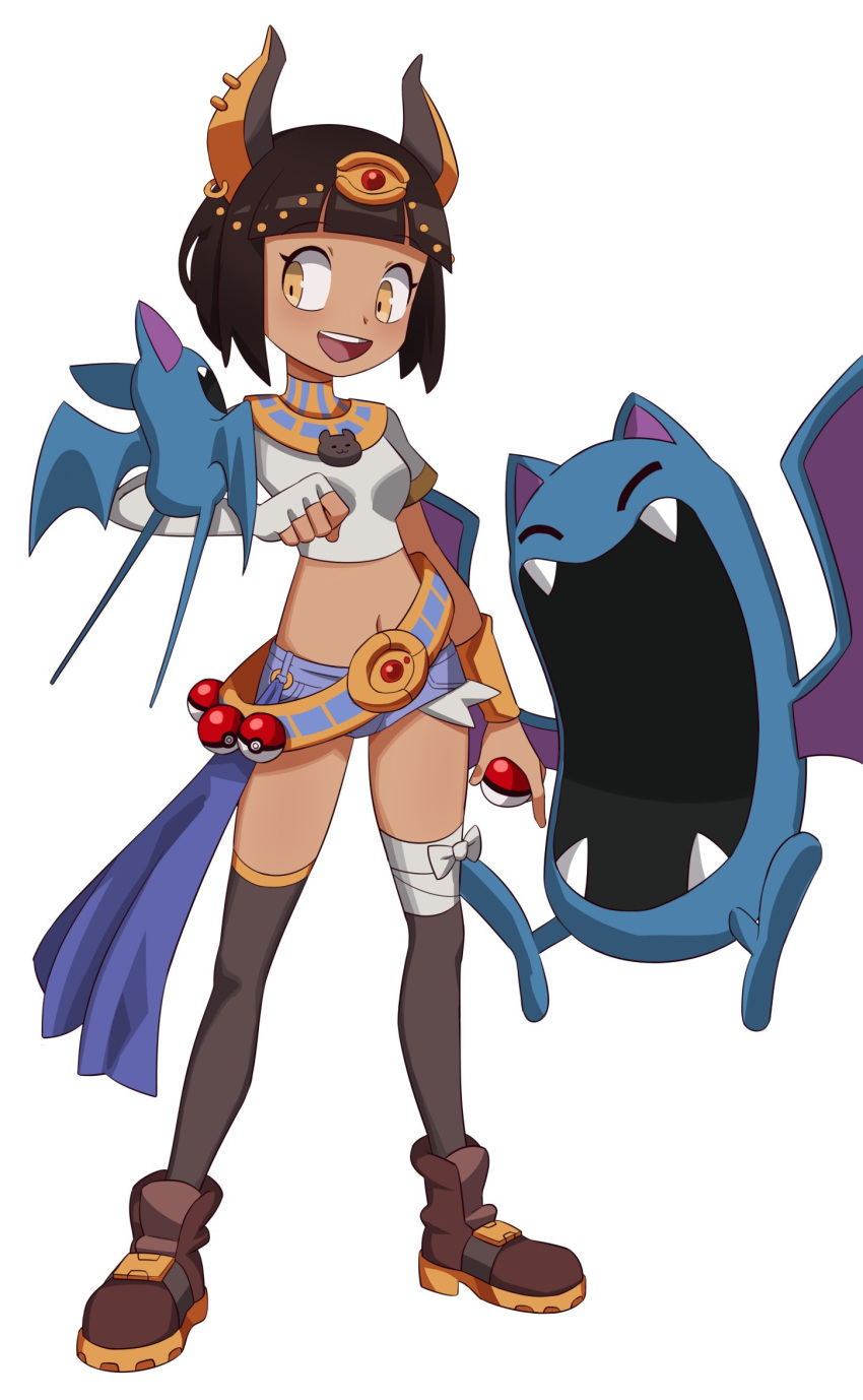 1girl :d adapted_costume animal_ears asymmetrical_gloves bandages bat_ears black_hair borrowed_character bracelet breasts crop_top dark-skinned_female dark_skin demon_girl earrings egyptian egyptian_clothes elbow_gloves fangs fingerless_gloves flowers-imh full_body gloves golbat highres jewelry medium_breasts original poke_ball pokemon short_hair short_shorts shorts single_glove smile standing teeth thighhighs upper_teeth usekh_collar white_background yellow_eyes zubat