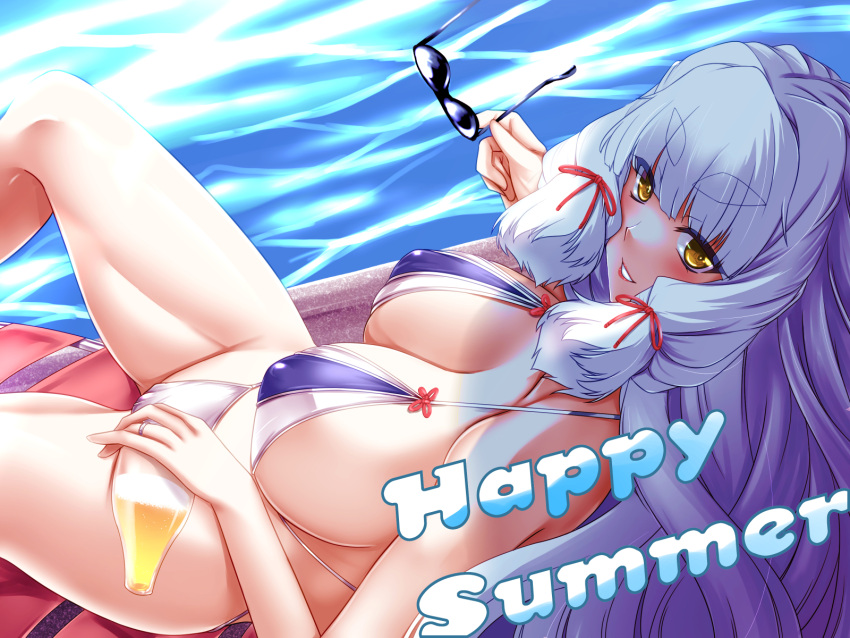 1girl adapted_costume alternate_breast_size bikini breasts glass hakkai highres jewelry kantai_collection large_breasts lips long_hair murakumo_(kancolle) murakumo_kai_ni_(kancolle) older parted_lips ring sidelocks smile solo sunglasses swimsuit thick_eyebrows thighs very_long_hair wedding_band white_hair yellow_eyes