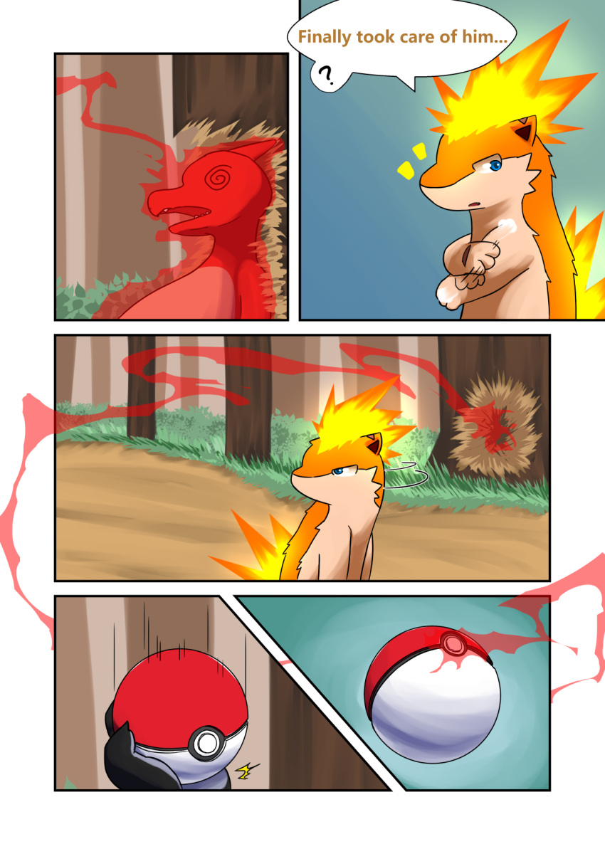 charmeleon comic darrow0 english_text fire forest hi_res nintendo plant pok&eacute;ball pok&eacute;mon pok&eacute;mon_(species) quilava speech_bubble text tree video_games yuel